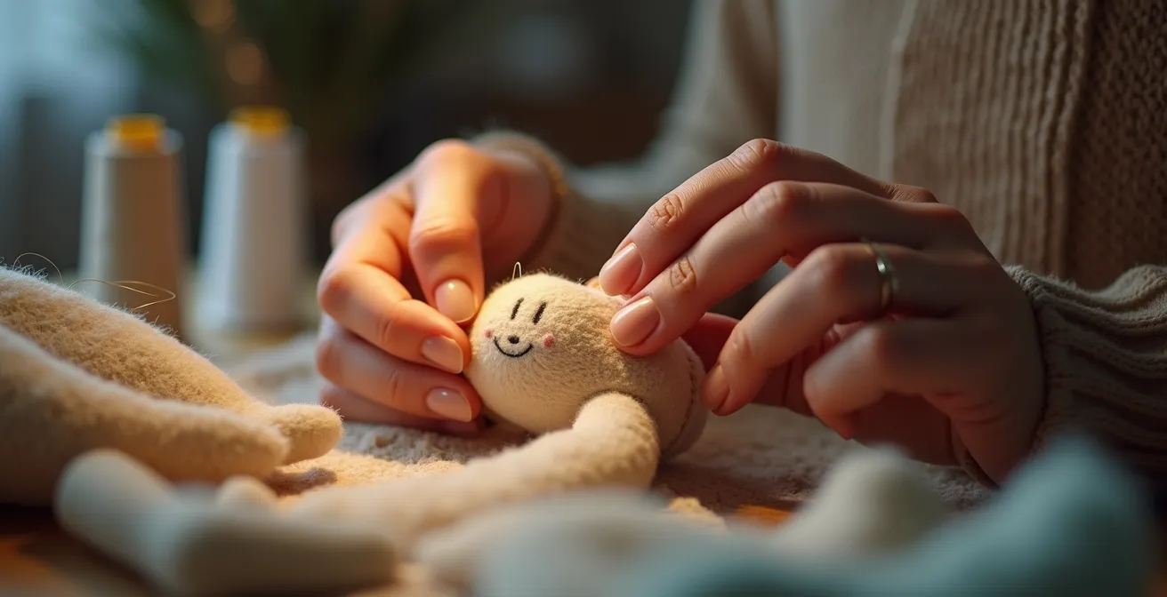 Mains expertes réalisant une couture invisible sur une peluche avec fil et aiguille courbe