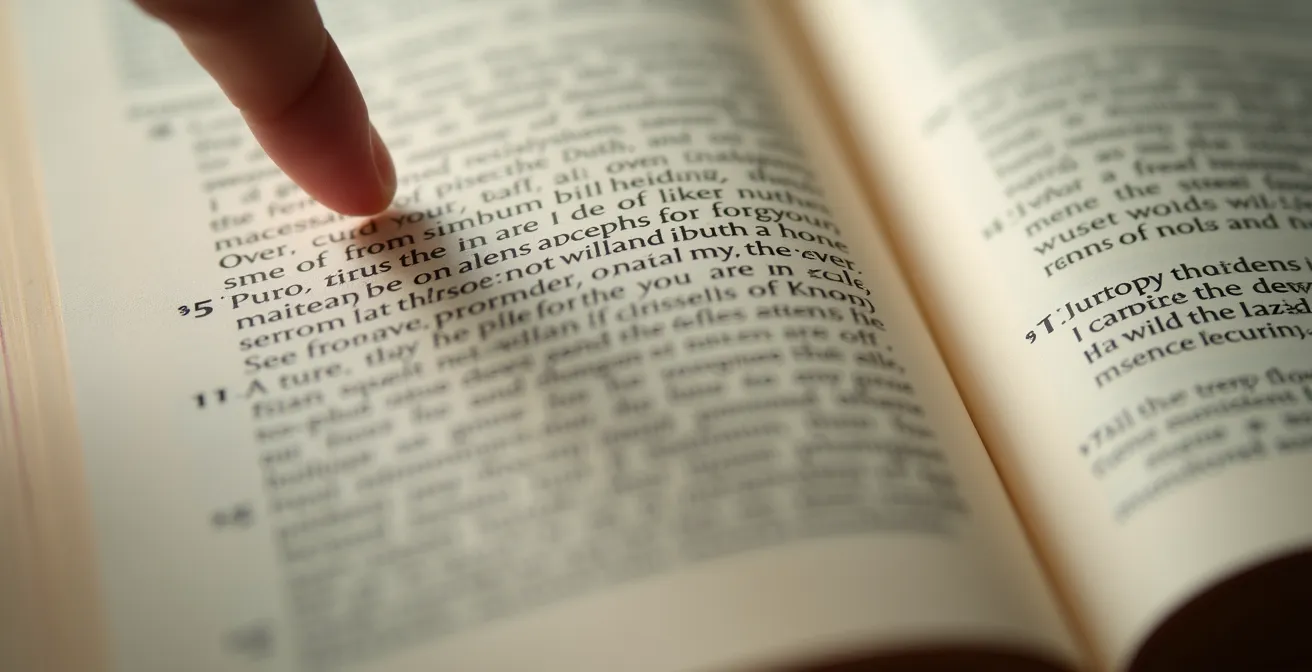 Gros plan macro sur des pages de livre avec le doigt qui guide la lecture en diagonale