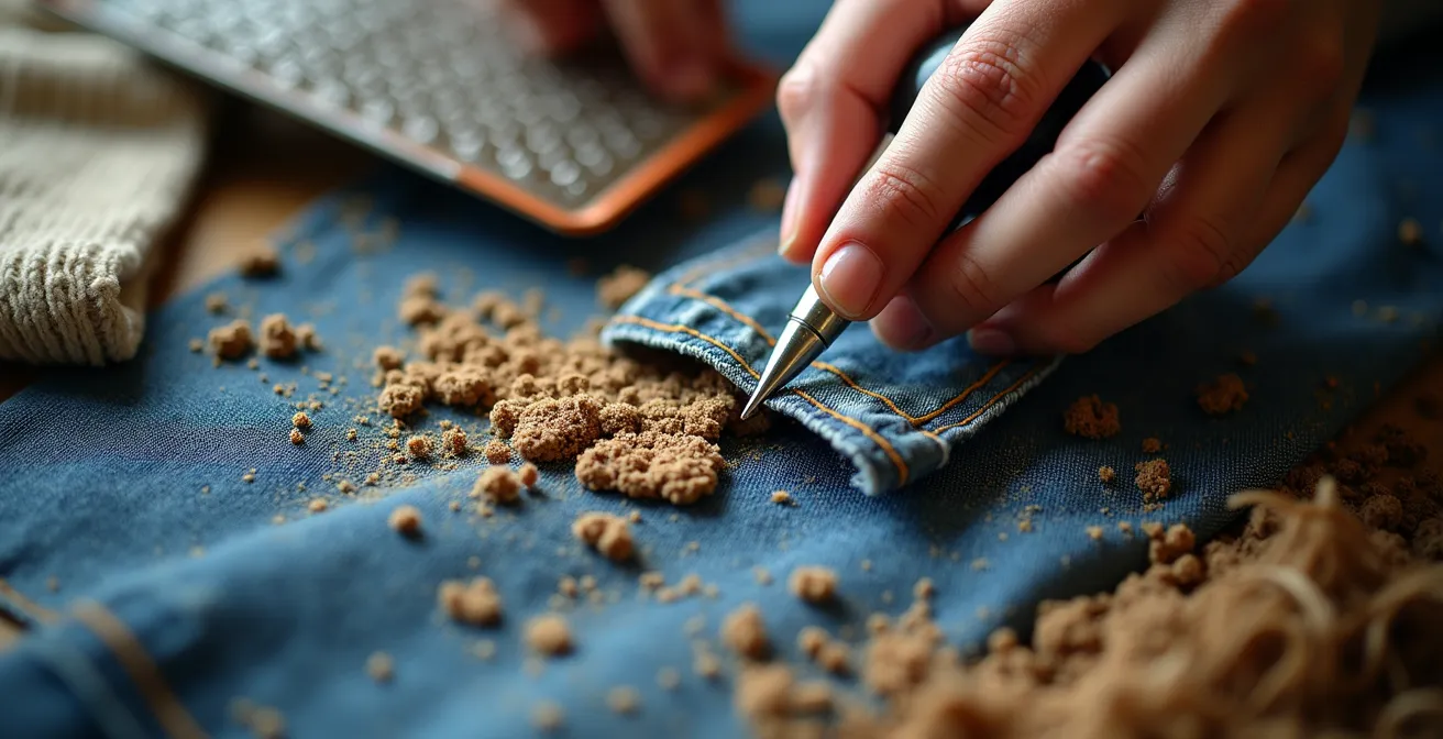 Table de travail montrant la transformation de vêtements de friperie en éléments de costume avec outils et matériaux