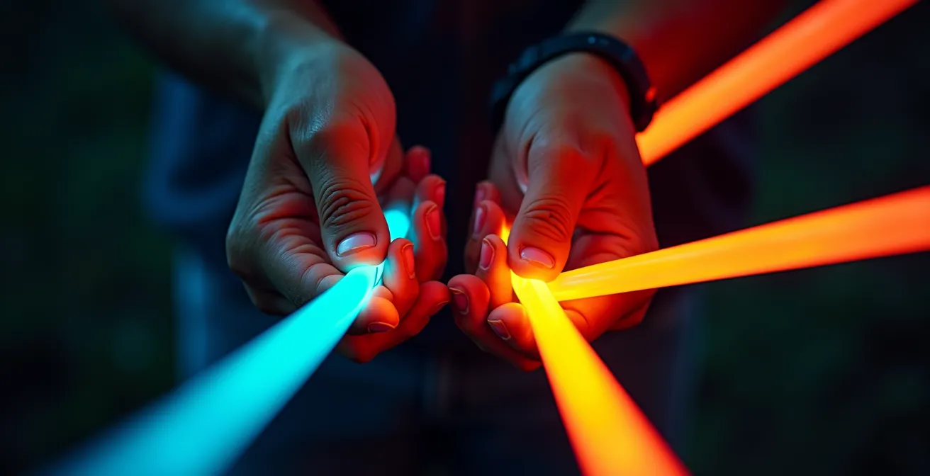 Mains tenant des bâtons lumineux colorés effectuant des mouvements synchronisés dans l'obscurité