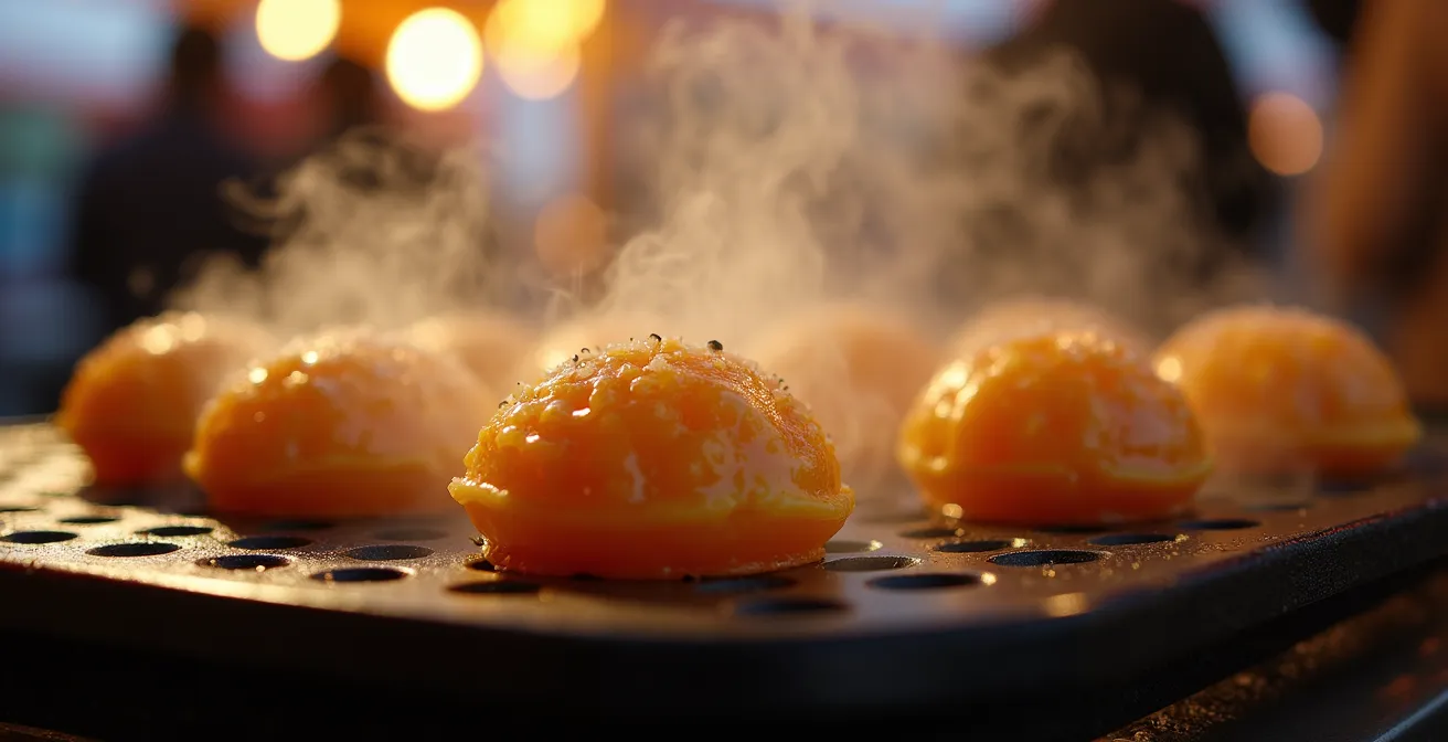 Stand yatai traditionnel avec vapeur montante et préparation de takoyaki lors d'un festival japonais